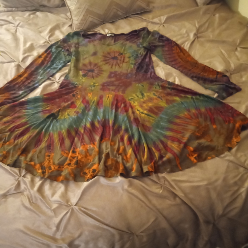 Tie-Dye Flared Long Sleeve Tunic Dress- Multicolor